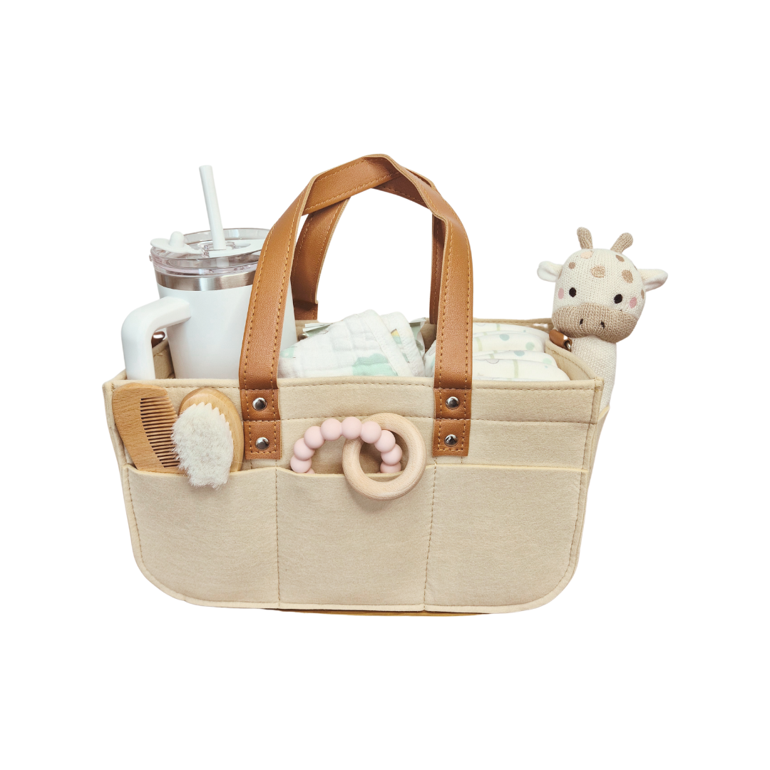 Felt Nappy Caddy packed with baby accessories