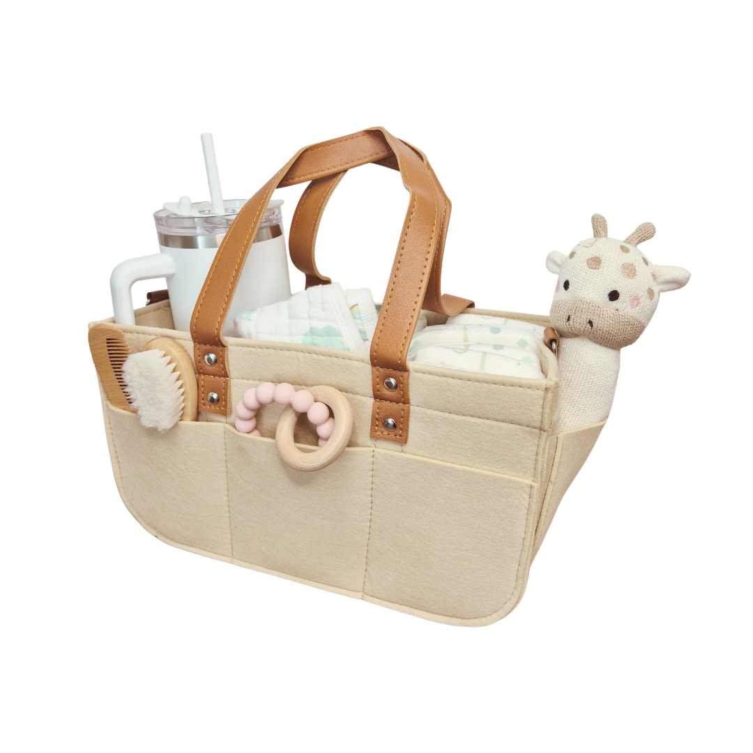 Felt Nappy Caddy packed with baby accessories
