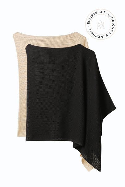 Black and beige nursing cover set with 'Eclipse Set' branding on a white background