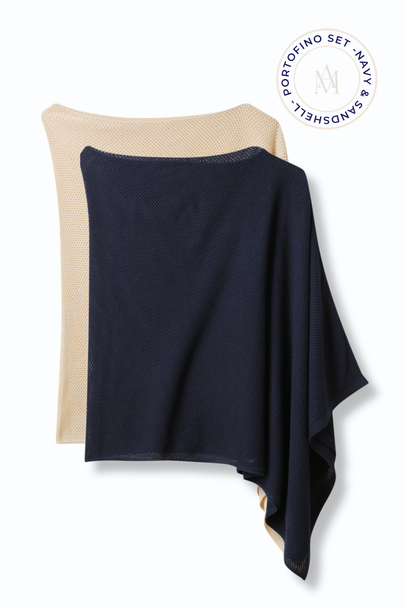 Navy and beige nursing covers set on a white background with 'Portofino' branding.